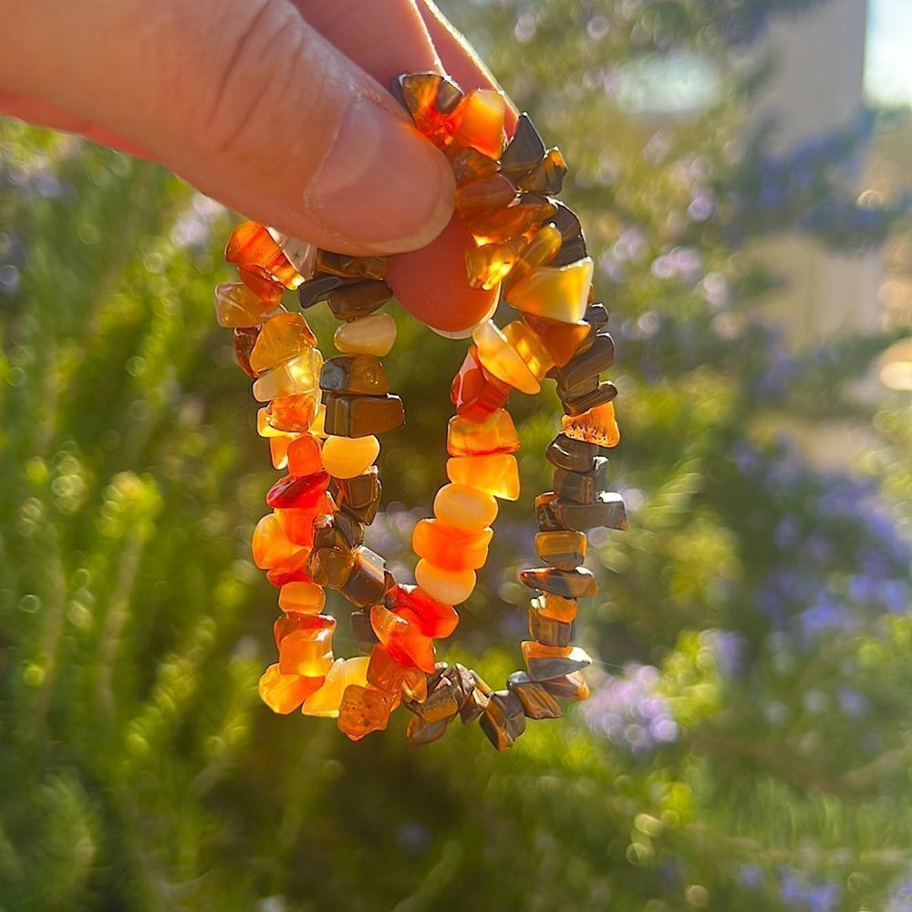Set 2 Tumbled Gemstone Stretch Bracelets - Tiger Eye & Carnelian/Agate W/MOP